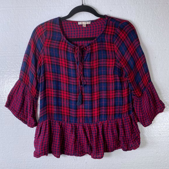 Skies Are Blue Tops - Skies Are Blue XS Plaid Ruffle Peplum Top Blouse